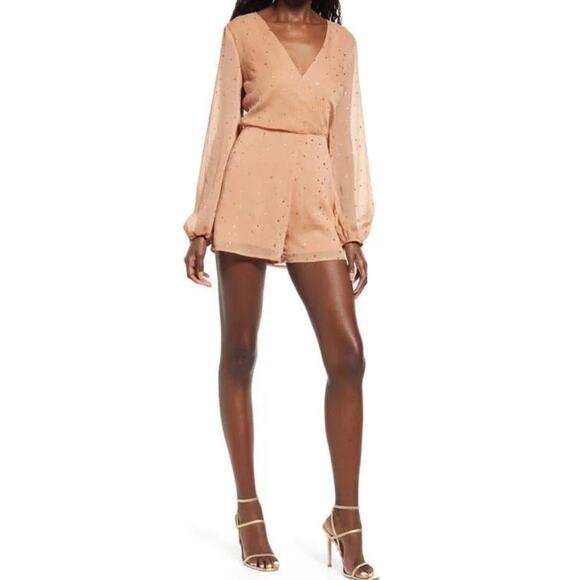 Lulus Whimsical Dreams Star Print Long Sleeve Romper in Blush Size S - Picture 2 of 6